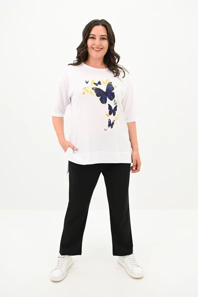 Kadın Büyük Beden Kelebek Baskı Detaylı T-shirt Takım 8114-25 ürün görseli 1