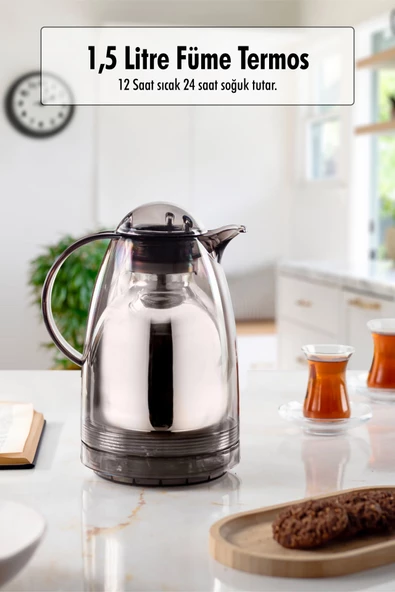 1.5 LT Isı Yalıtımlı Çay Ve Soğuk Su Termosu Füme (12 Saat Sıcak Tutar& İçi Camdır) ürün görseli 1