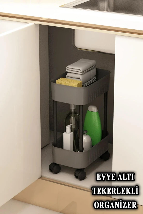 Çok Amaçlı 2 Katlı Banyo Dolabı, Evye Altı Düzenleyici Dolap Içi Tezgah Altı tekerlekli Organizer - Gri ürün görseli 1