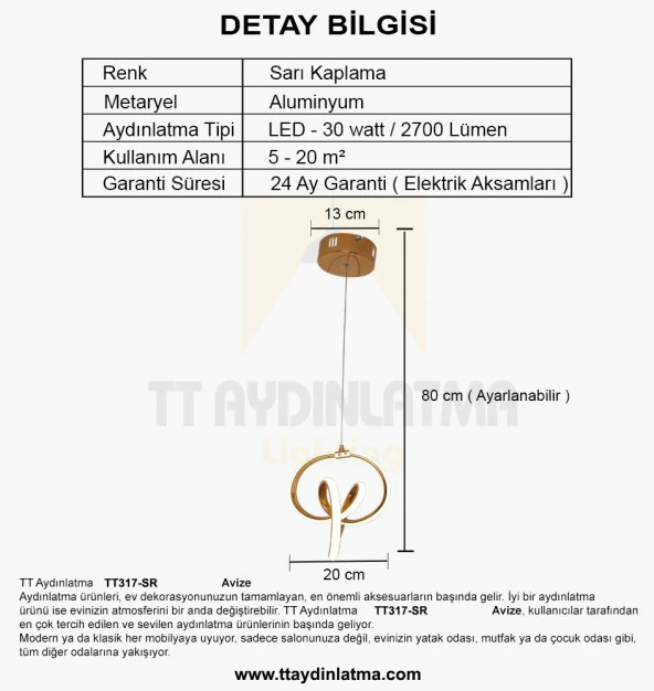 TT Aydınlatma TT317-SR  Stilla Modeli Sarı Kaplama Led Avize - Resim 4