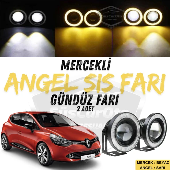 Renault Clio 4 2012-2020 Uyumlu Üniversal Mercekli Angel Sis Farı Metal Su Geçirmez 76 mm Sarı Halkalı Gündüz Farı Angel Eyes 2 Adet ürün görseli 1