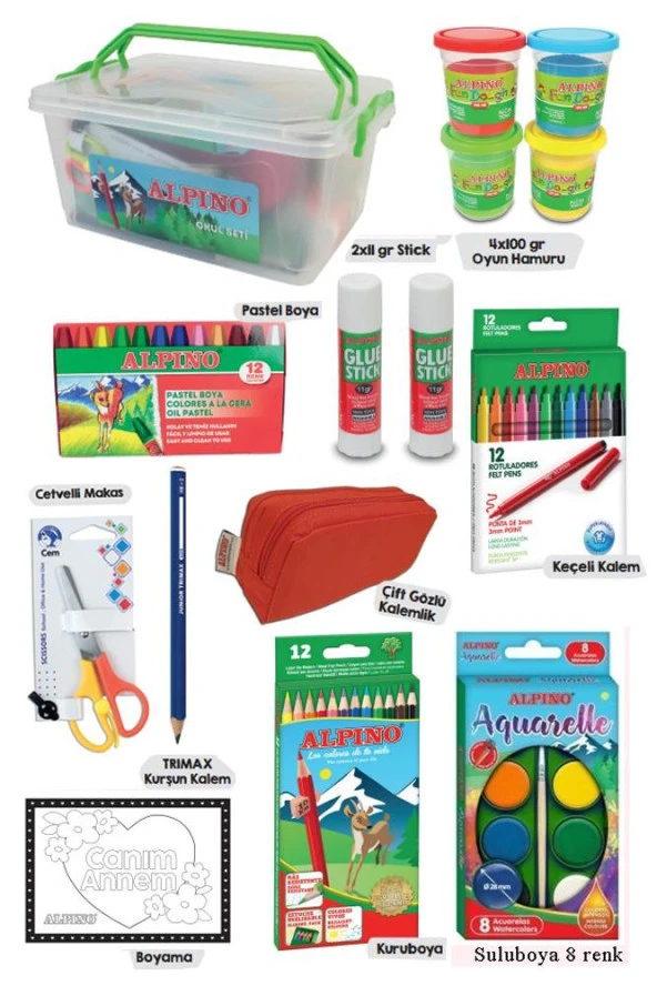 Okul Kırtasiye Seti 15 Parça 1 Paket Alpino Keçeli Kalem Kuruboya Pastel Boya Oyun Hamuru Makas Stick Yapıştırıcı ürün görseli 1