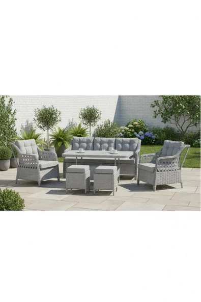adımshops Metal Gövdeli  3+1+1+2puf+masa Rattan Bahçe Balkon Mobilyası, 7 Kişilik Bahçe Takımı ürün görseli 1
