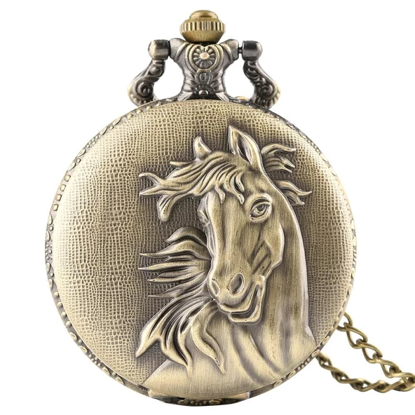 Bronz Renk Kabartma At Temalı Köstekli Cep Saati SL8095 ürün görseli 1