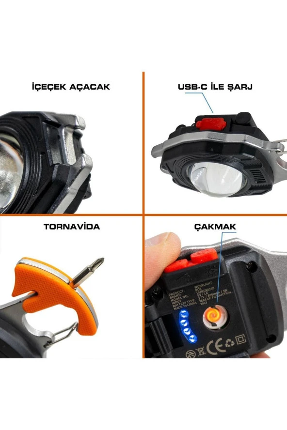 0230 Outdoor Çok Fonksiyonlu Anahtarlık Şarjlı Led Fener 500 Lümen ürün görseli 1