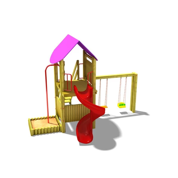 Ahşap Çocuk Parkı SG06, Bir Kaydırak 2 Salıncaklı Model ürün görseli 1
