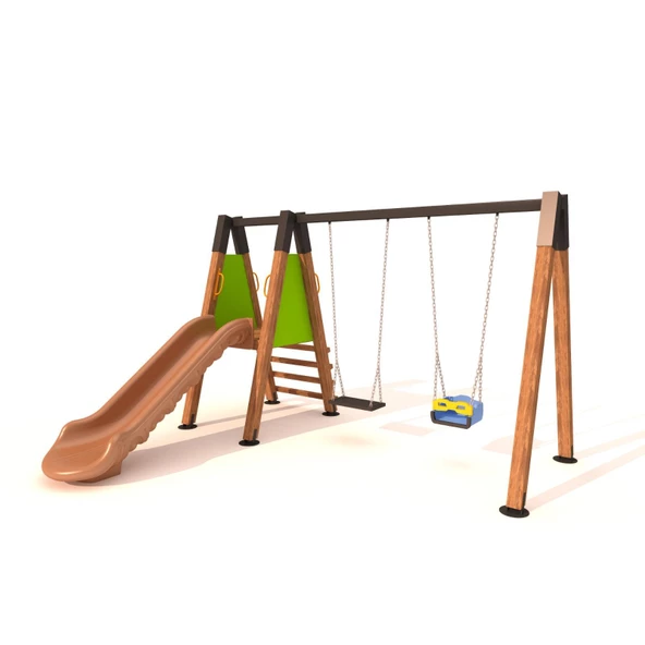 Ahşap Çocuk Parkı SG0938, Tek Kaydıraklı ve İkili Salıncaklı Model ürün görseli 1