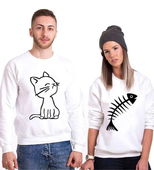 Tshirthane Kedi Ve Balık Cat Fish Sevgili Kombinleri Sweatshirt Kombini ürün görseli 1