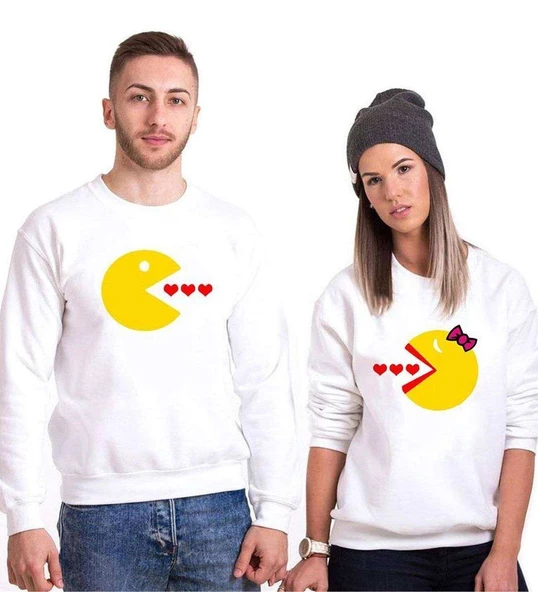 Tshirthane Pacman Kalp Sevgili Kombinleri Sweatshirt Kombini ürün görseli 1