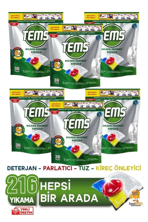 TEMS Bulaşık Makinesi Kapsül Deterjanı 36'lı x 6 Paket (216 Yıkama) ürün görseli 1