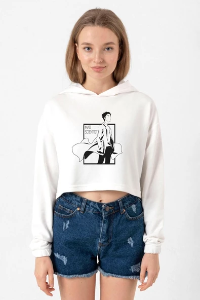 Steins Gate Rintarou Mad Scientist Ekru Kadın Crop Kapşonlu ürün görseli 1