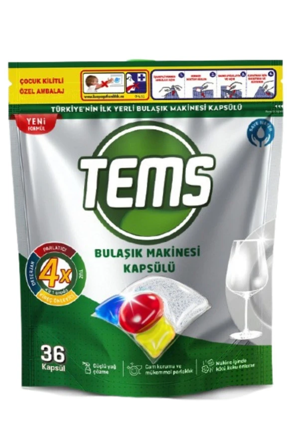 TEMS 4 Etkili Bulaşık Makinesi Kapsül Deterjanı 36'lı Yerli Ürün Anti Malodor Teknolojisi %100 ürün görseli 1