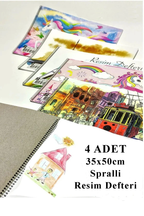 Resim Defteri 15 Yaprak 35x50 cm 4 Adet Spiralli Büyük Boy Resim Defteri Karton Kapak 110 gr Öğrenci Okul ürün görseli 1