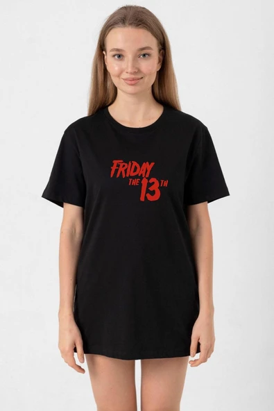 Friday The 13th Letter Logo Siyah Kadın Oversize Tshirt ürün görseli 1