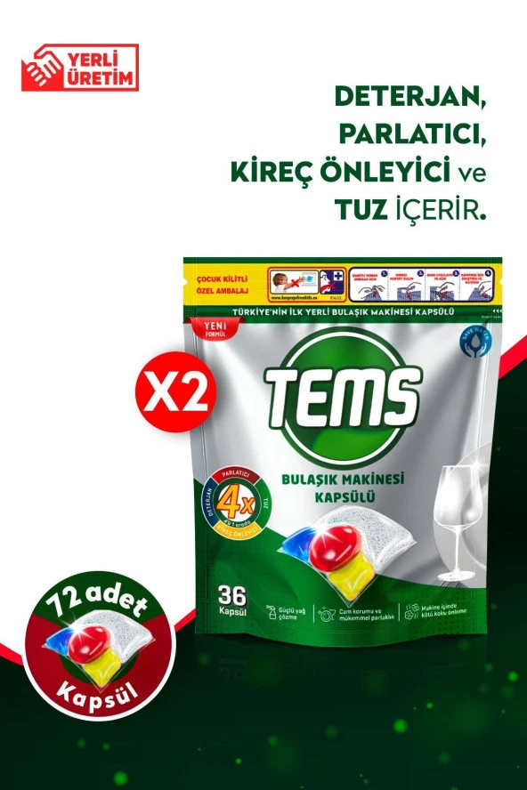 TEMS 4 Etkili Bulaşık Makinesi Kapsül Deterjanı 72'li ( 2x 36'lı Paket) ürün görseli 1
