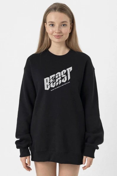 Mr Beast Make The World Siyah Kadın 2ip Sweatshirt ürün görseli 1