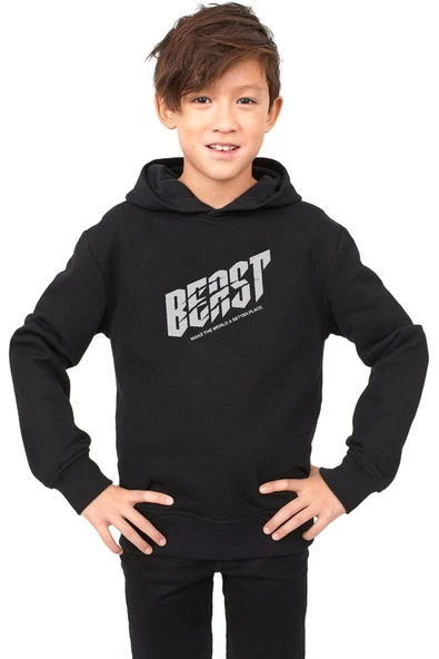 Mr Beast Make The World Siyah Çocuk 3ip Kapşonlu ürün görseli 1