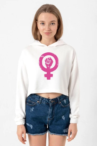 Vintage Purple Venus Symbol Hand Ekru Kadın Crop Kapşonlu ürün görseli 1