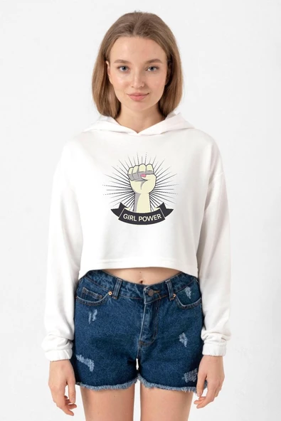Girl Power Ekru Kadın Crop Kapşonlu ürün görseli 1
