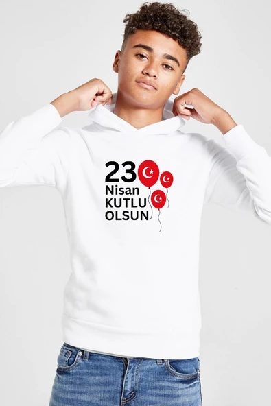 23 Nisan Balon Beyaz Çocuk 3ip Kapşonlu  Sweatshirt ürün görseli 1