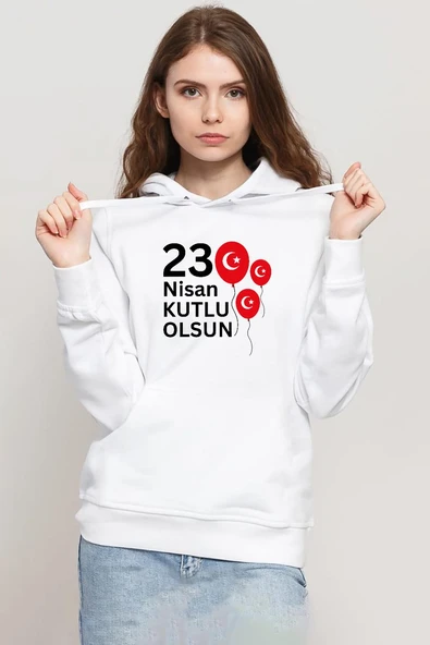 23 Nisan Balon Beyaz Kadın 3ip Kapşonlu Sweatshirt ürün görseli 1