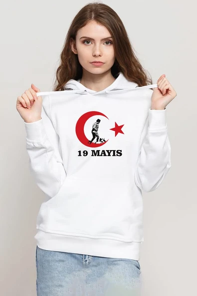 19 Mayıs Ata Beyaz Kadın 3ip Kapşonlu Sweatshirt ürün görseli 1