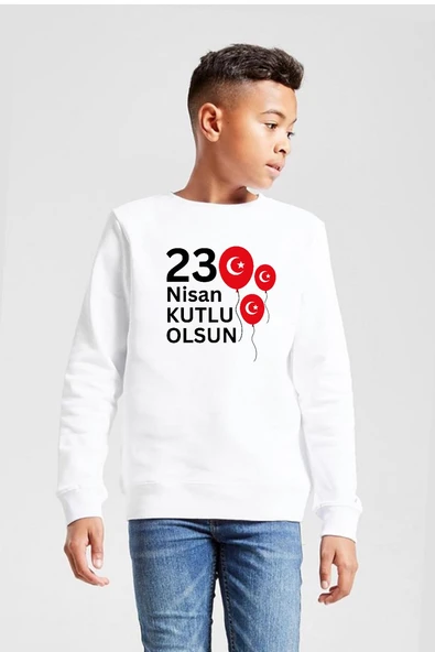 23 Nisan Balon Beyaz Çocuk 2ip Sweatshirt ürün görseli 1