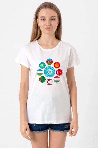 Türk Devletleri Teşkilat Beyaz Kadın Bisikletyaka Tshirt ürün görseli 1