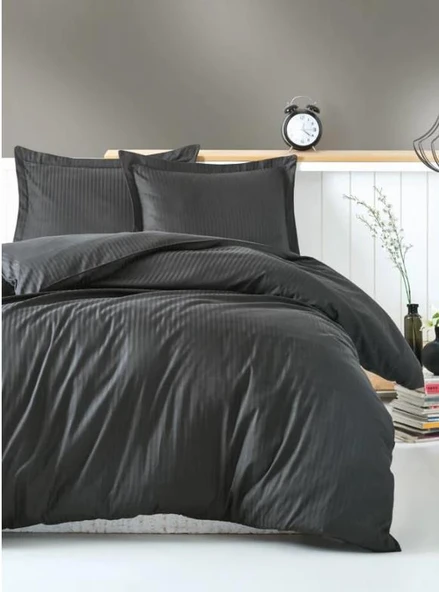 Elegant Stripe Saten Çift Kişilik Nevresim Takımı Antrasit
