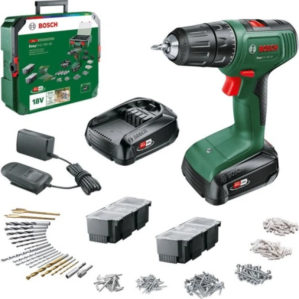 Bosch Easydrill 18V-40 1.5AH Çift Akü Delme/vidalama + 241 Parça Aksesuar Seti ürün görseli 1