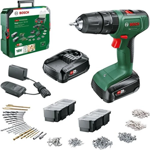 Bosch Easyımpact 18V-40 1.5Ah Çift Akü Darbeli Delme/Vidalama + 241 Parça Aksesuar Seti ürün görseli 1