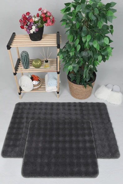 Modern Bubble Yıkanabilir Kaymaz Peluş Banyo Paspası Halısı 2li Klozet Takımı 50X80-50x40cm Antrasit ürün görseli 1