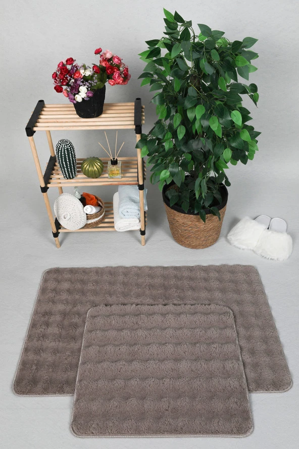 Modern Bubble Yıkanabilir Kaymaz Peluş Banyo Paspası Halısı 2'li Klozet Takımı 50x80-50x40cm Vizon ürün görseli 1