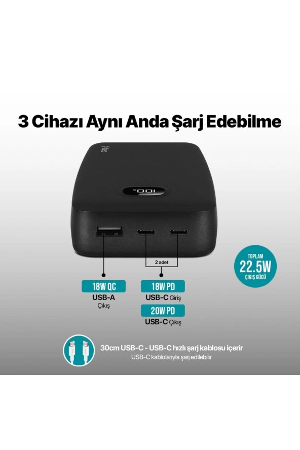 Ttec 2BB213S ChargeUp Pro LCD 20.000 mAh PD 20W Taşınabilir Hızlı Şarj Aleti / Powerbank - Resim 3