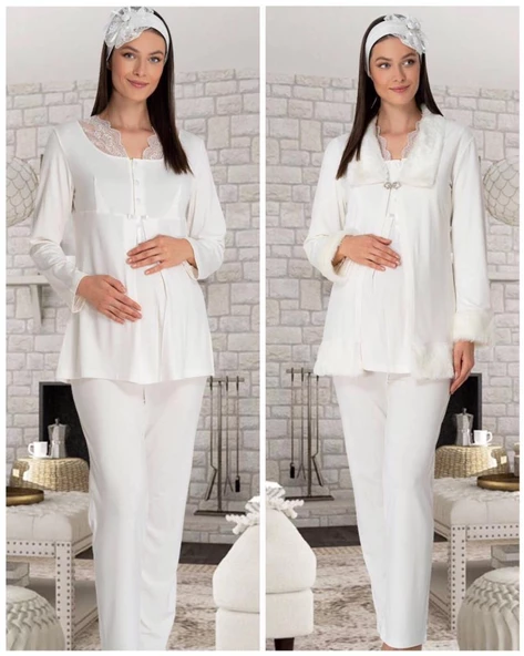 Mecit 5304 Ecru Peluş Detaylı  Sabahlıklı Lohusa Pijama Takımı ürün görseli 1