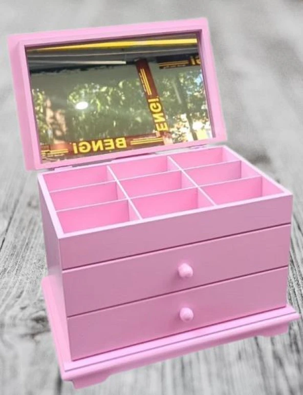Hobi ERDL Takı Şifonyer 90390 Makyaj Kutu 2Çekmc Ayna Parlak Pembe Lake Ahşp MDF ürün görseli 1
