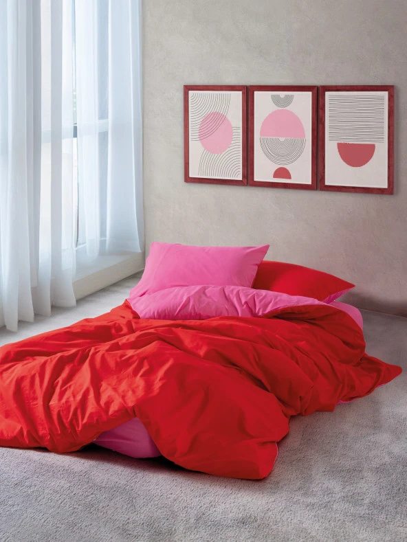 Cozy Home Popping Colors Tek Kişilik Lastikli Çarşaflı Nevresim Takımı Sage Kırmızı-Fuşya ürün görseli 1