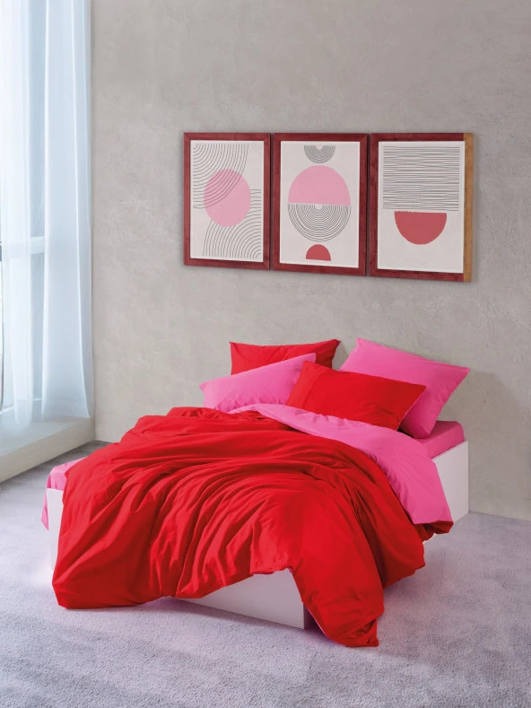 Cozy Home Popping Colors Çift Kişilik Lastikli Çarşaflı Nevresim Takımı Sage Kırmızı-Fuşya ürün görseli 1