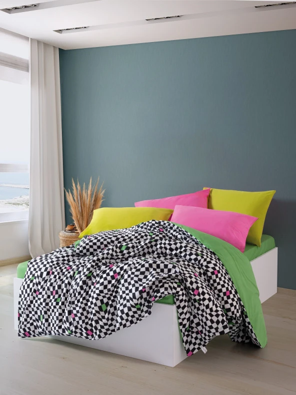 Cozy Home Popping Colors Çift Kişilik Lastikli Çarşaflı Nevresim Takımı Dazzle Yeşil ürün görseli 1