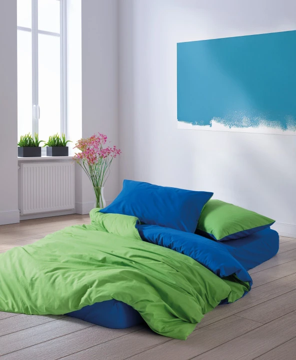 Cozy Home Popping Colors Tek Kişilik Lastikli Çarşaflı Nevresim Takımı Sage Yeşil-Mavi ürün görseli 1