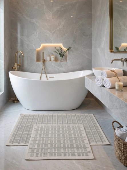 Naturel Pamuklu Kilim Yıkanabilir Banyo Paspası Halısı 2'li Klozet Takımı 60x100-50x60cm Gri ürün görseli 1
