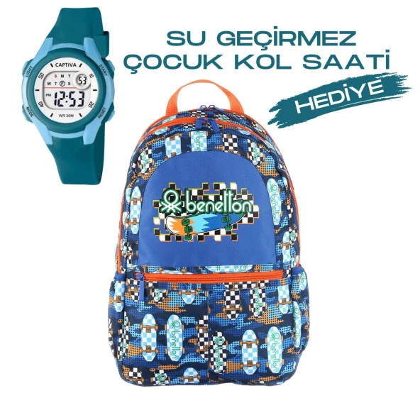 Çocuk Kol Saati Hediyeli Benetton Büyük Kapasiteli Çocuk Okul Çantası B.NT.03693 ürün görseli 1