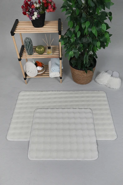Modern Bubble Yıkanabilir Kaymaz Peluş Banyo Paspası Halısı 2'li Klozet Takımı 50X80-50X40cm Krem ürün görseli 1