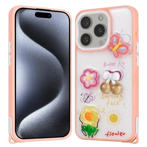 Apple iPhone 15 Pro Kılıf Parlayan Simli Kabartma Figürlü  Cevze Kapak ürün görseli 1