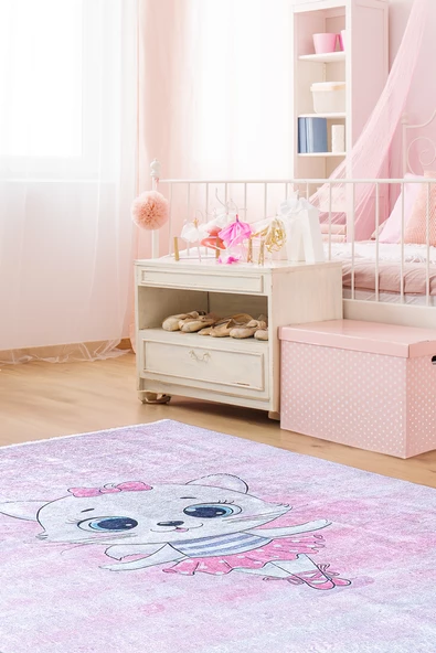 Alpina Home Lavin Balerin Kedi Figürlü Yıkanabilir Dokuma Taban Çocuk Odası Kilimi ürün görseli 1