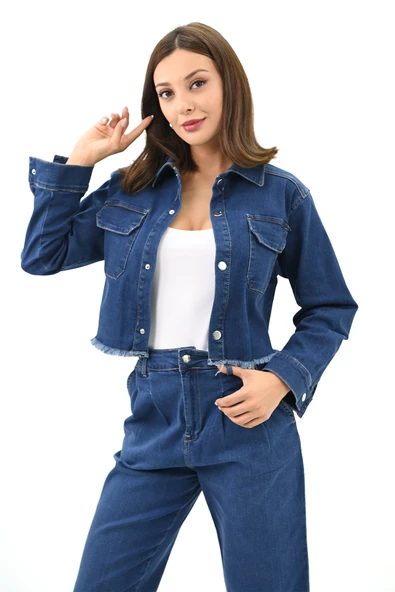Kadın Püsküllü Çıt Çıtlı Kot Ceket 4410-24 ürün görseli 1