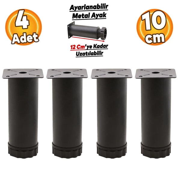 Ayarlanabilir Dolap Mobilya Kanepe Baza Koltuk Metal Destek Yükseltici Ayağı 10 Cm Siyah Ayakları 4 Adet ürün görseli 1