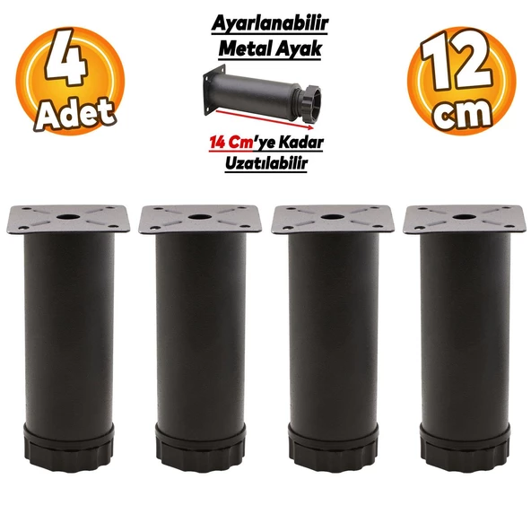 Ayarlanabilir Mobilya Kanepe Baza Koltuk Metal Destek Yükseltici Ayağı 12 Cm Siyah Ayakları 4 Adet ürün görseli 1