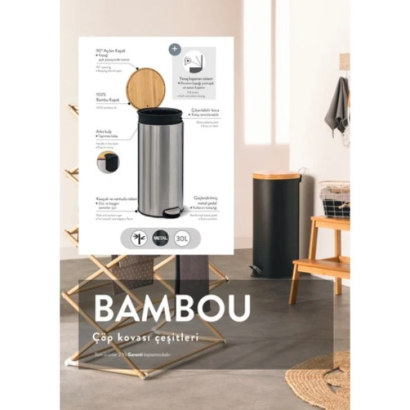 5five Simply Smart Bambu 30 Lt Paslanmaz Çelik Çöp Kovası - Resim 6