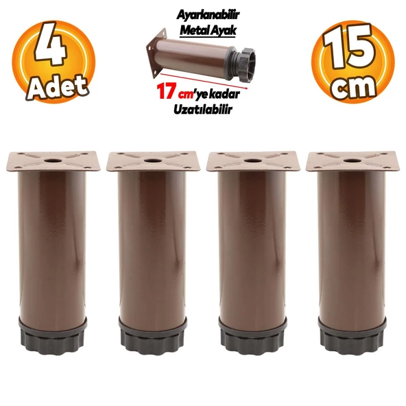 Ayarlanabilir Mobilya Kanepe Baza Koltuk Metal Destek Yükseltici Kahve Ayağı 15 cm Ayakları 4 Adet ürün görseli 1